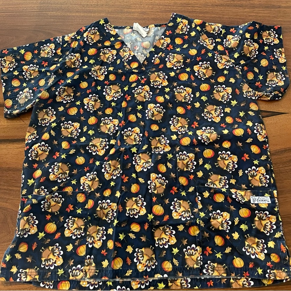 UA Scrubs Thanksgiving Turkey Scrub Top - Large - Navy- Gobble Gobble